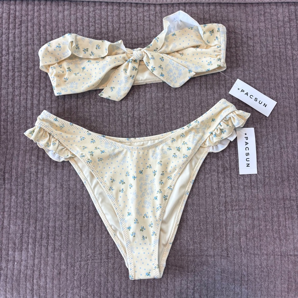 PacSun Pale Yellow Floral Ruffle Bandeau Bikini